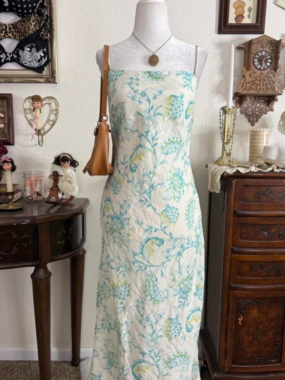 Boho whimsical floral paisley square neck midi dress